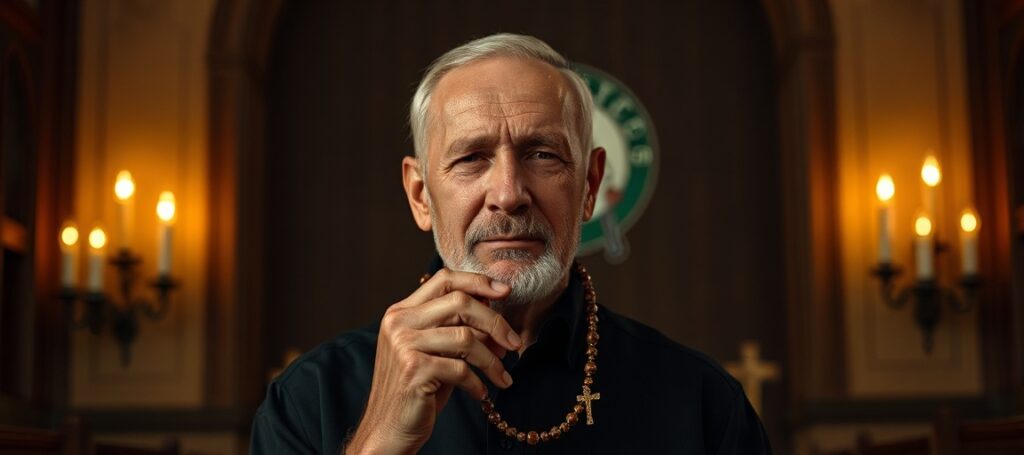 Boston Celtics coach Joseph Mazzulla holding a rosary made from basketball parquet wood in a traditional Catholic church setting.
