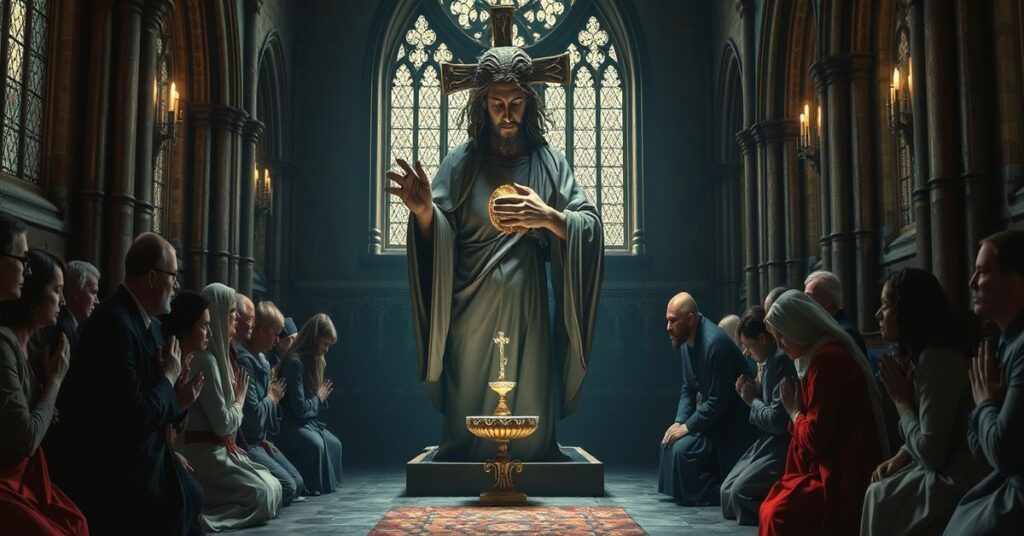 Medieval Christ sculpture with hollow heart containing the consecrated Host, surrounded by faithful in prayer.