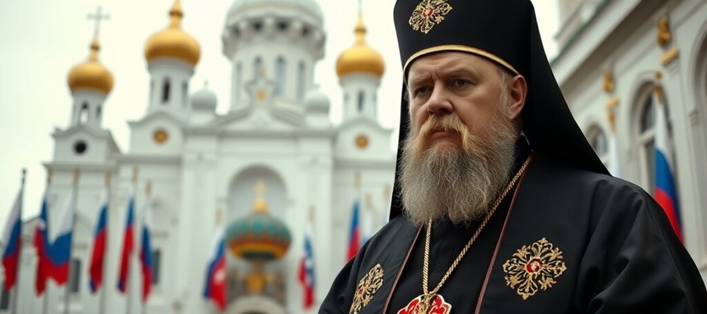 Portrait of Metropolitan Hilarion (Alfeyev) in Orthodox vestments, symbolizing the crisis of post-conciliar ecumenism and the moral decay of schismatic alliances.
