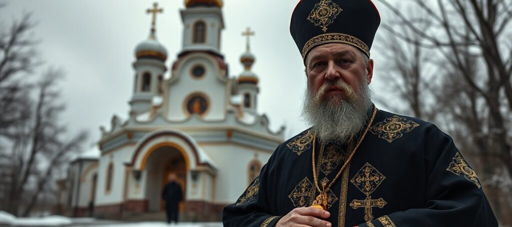 Metropolitan Hilarion of the Moscow Patriarchate stands before a Russian Orthodox church in Karlovy Vary, symbolizing the church's entanglement with Russian intelligence and moral decay.
