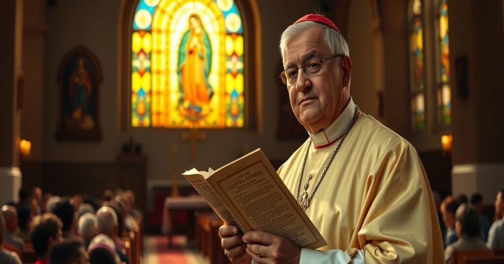 A sedevacantist Catholic bishop in traditional vestments stands solemnly before an altar with Our Lady of Guadalupe, symbolizing the forgotten social reign of Christ amidst cartel violence in Mexico.