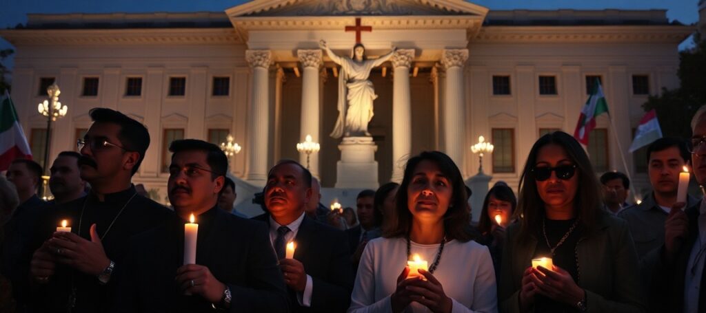 Faithful Catholics in Mexico protesting against the Supreme Court's abortion ruling, holding rosaries and praying before a statue of Christ the King.
