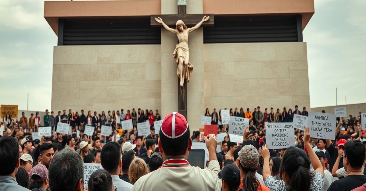 A critical depiction of a Mexican youth pilgrimage to Cubilete Hill shrine in 2026, highlighting the theological contradictions and modernist rhetoric.