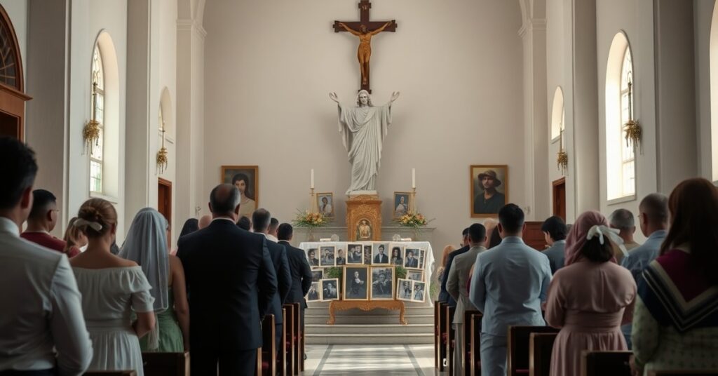 A somber Catholic church in Mexico with mourners praying as church bells ring in memory of missing persons and murdered Jesuits.