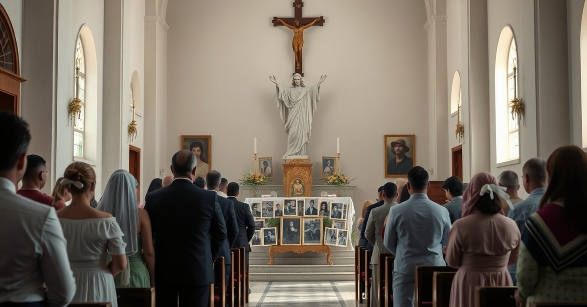 A somber Catholic church in Mexico with mourners praying as church bells ring in memory of missing persons and murdered Jesuits.