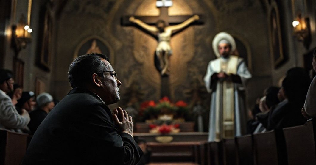 Mexico's Martyrdom: Conciliar Sect's Naturalism Masks Spiritual Bankruptcy A Catholic priest in prayer before a crucifix in a Mexican chapel, contrasting with the secular response of a conciliar 'bishop' to martyrdom.