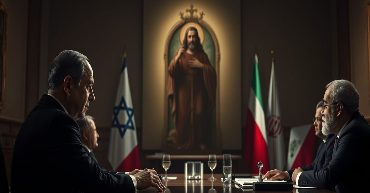 A somber diplomatic meeting between Israeli and Iranian officials in a dimly lit conference room, symbolizing the absence of Christ's reign in world politics.