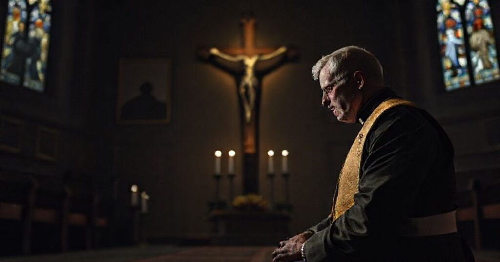 A military chaplain in traditional vestments kneeling before a crucifix in a dimly lit chapel, symbolizing the conflict between true chaplaincy and state-controlled spiritual guidance.