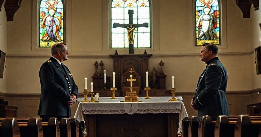 Retired Army chaplain Maj. Gen. Doug Carver, historian David Barton, and Marine veteran Mike Berry in a traditional Catholic chapel reflecting on military religious liberty hearings.