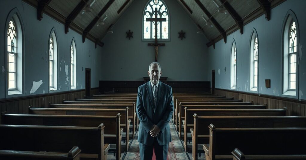 Abandoned Methodist church in Darlaston with Samuel Leeds standing inside, symbolizing post-conciliar apostasy and naturalistic preservation.
