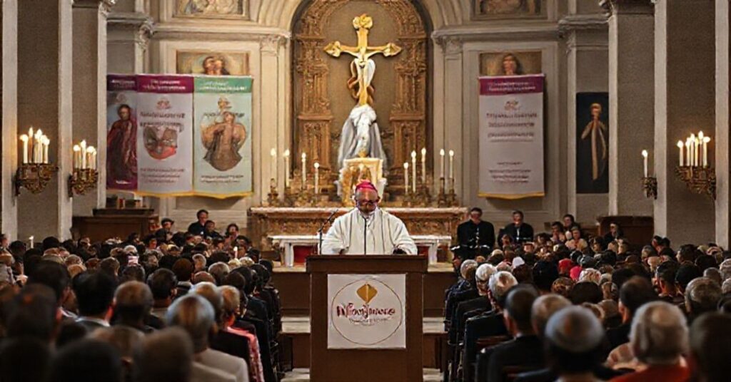 Ministry of Hope Catholic Conference on Mental Wellbeing in Rome, 2025 - Traditional Catholic scene depicting "Bishop" John Dolan speaking at a podium with "Deacon" Ed Shoener and Samuelle Falk in attendance.