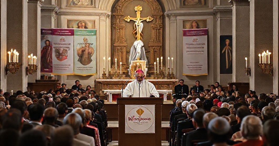 Ministry of Hope Catholic Conference on Mental Wellbeing - Rome 2025 Ministry of Hope Catholic Conference on Mental Wellbeing in Rome, 2025 - Traditional Catholic scene depicting "Bishop" John Dolan speaking at a podium with "Deacon" Ed Shoener and Samuelle Falk in attendance.