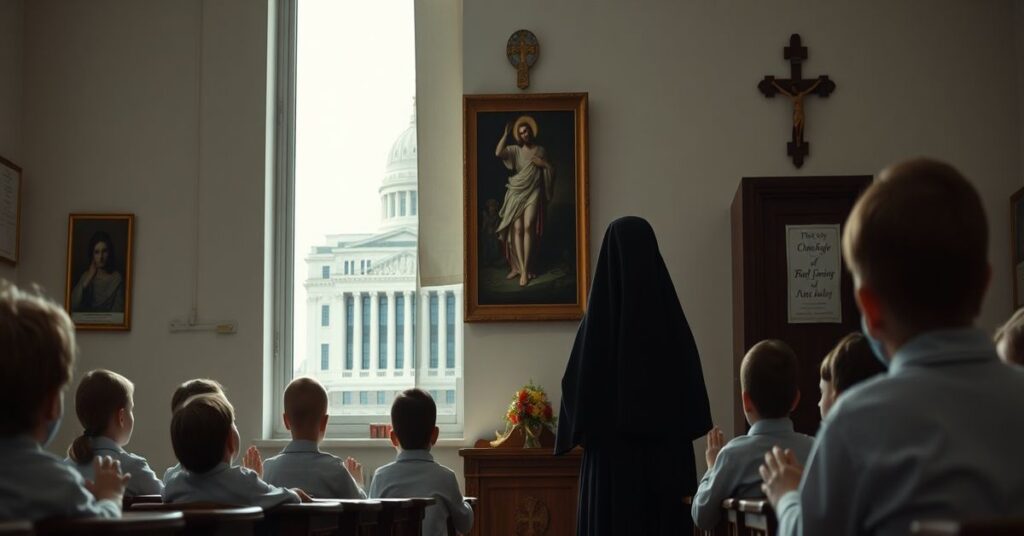 Traditional Catholic school classroom with children praying the Rosary led by a nun in black habit.