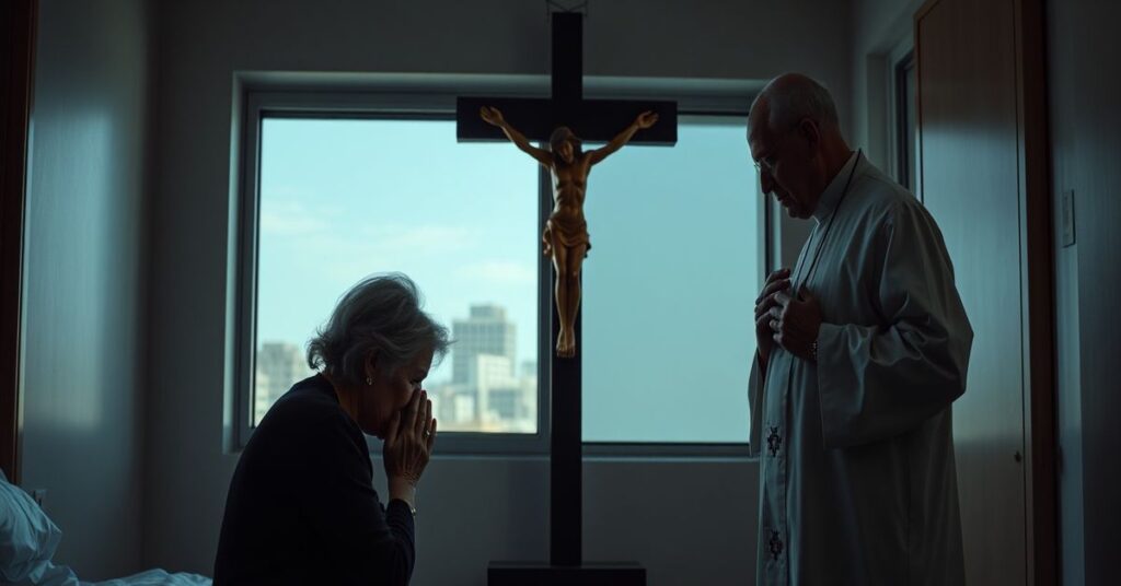 Miriam Lancaster prays before a crucifix in a hospital chapel, reflecting the moral crisis of euthanasia.