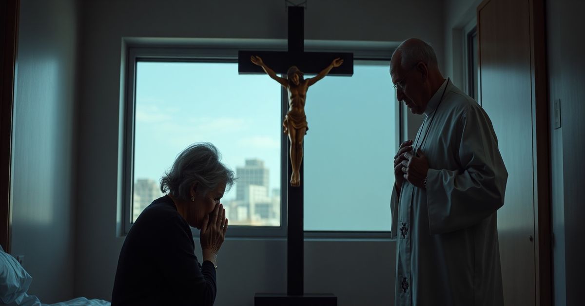 Miriam Lancaster prays before a crucifix in a hospital chapel, reflecting the moral crisis of euthanasia.