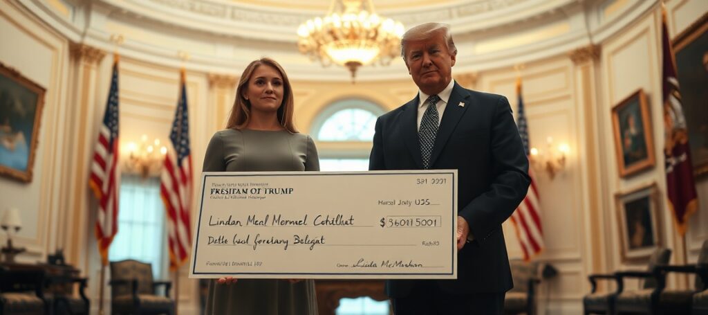 Catholic student Miriam Washut receives a scholarship from former President Trump in the Oval Office, symbolizing the conflict between Catholic education and American civic idolatry