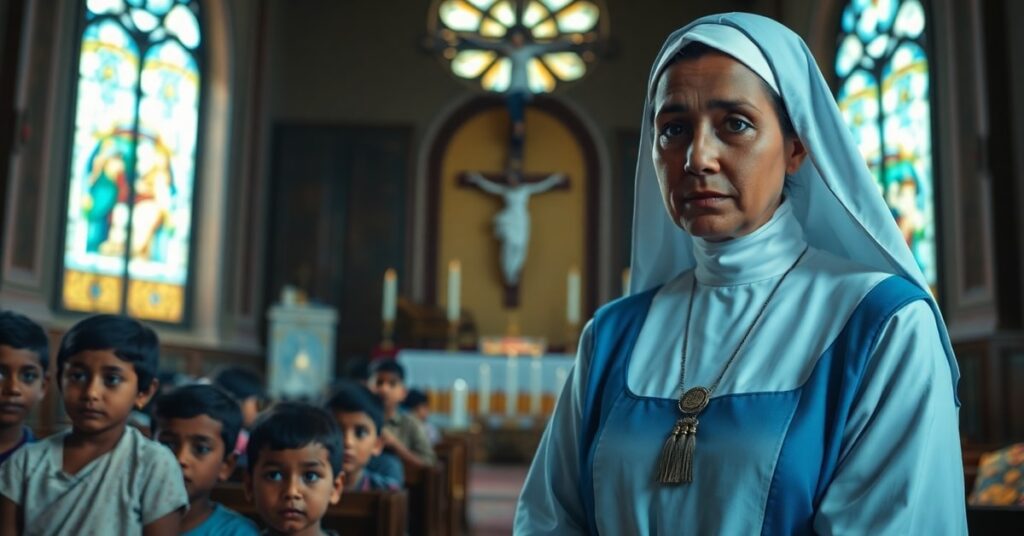 Catholic nun from Missionaries of Charity in prayerful contemplation in Indian church amid poor children