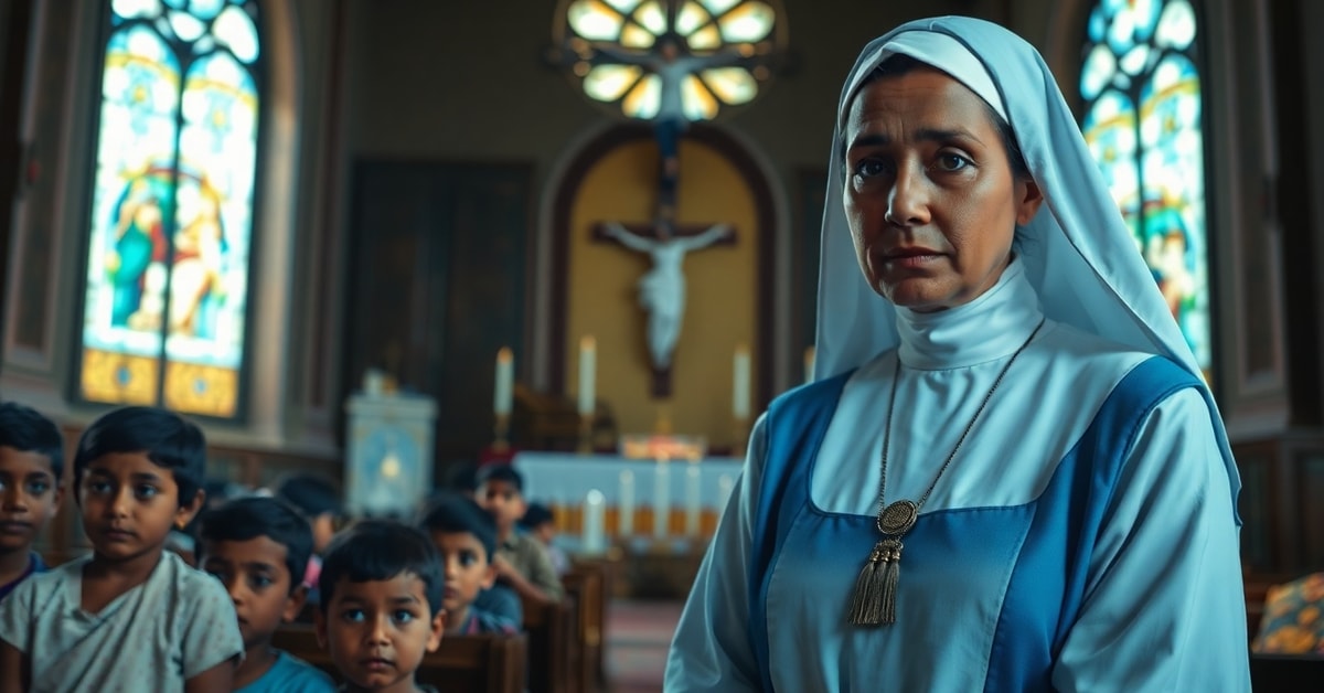 Missionaries of Charity Nun's Acquittal: A Glimpse of True Catholic Witness Catholic nun from Missionaries of Charity in prayerful contemplation in Indian church amid poor children