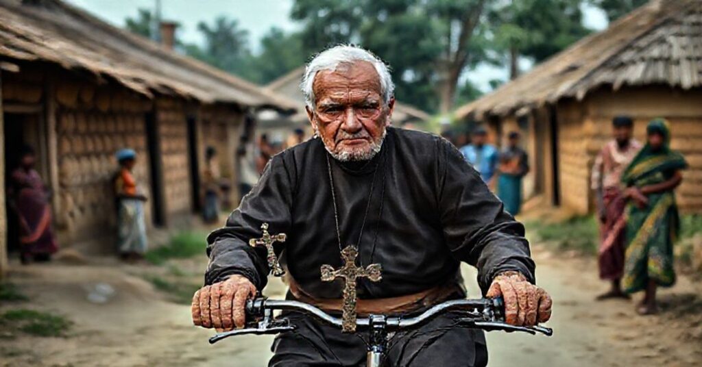 An elderly priest in a traditional cassock cycles through a rural Bangladeshi village carrying a disabled child, symbolizing the crisis of doctrinal neglect in modern missions.