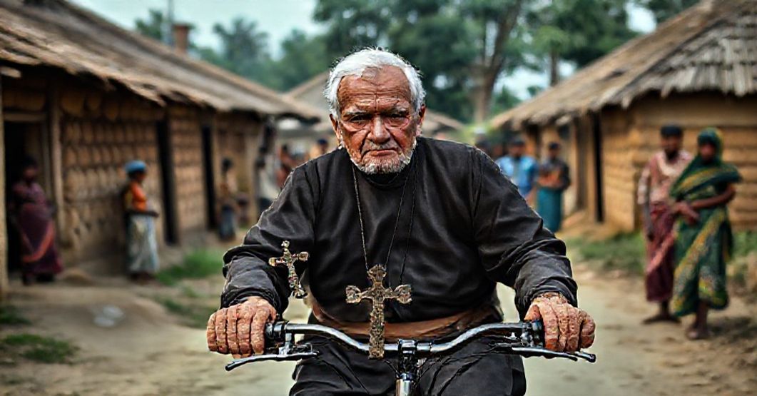 An elderly priest in a traditional cassock cycles through a rural Bangladeshi village carrying a disabled child, symbolizing the crisis of doctrinal neglect in modern missions.