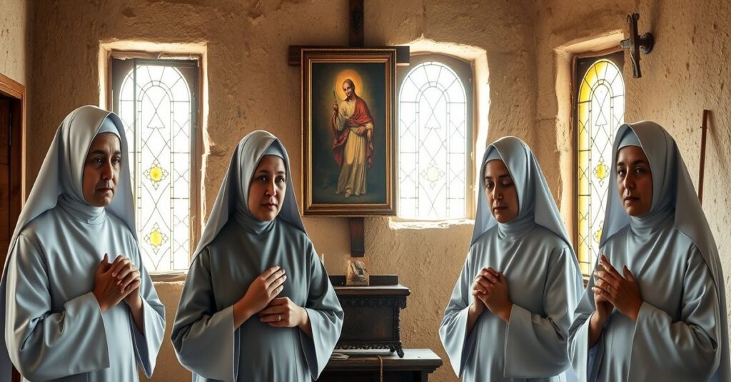 Four Missionary Sisters of Charity in traditional habits praying in a chapel in Aden, Yemen, with a crucifix and portrait of Pope Pius IX symbolizing Catholic doctrine.
