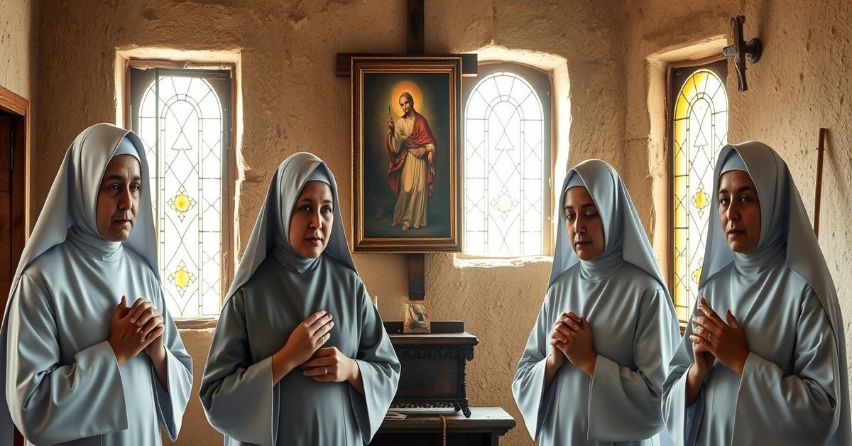 Four Missionary Sisters of Charity in traditional habits praying in a chapel in Aden, Yemen, with a crucifix and portrait of Pope Pius IX symbolizing Catholic doctrine.