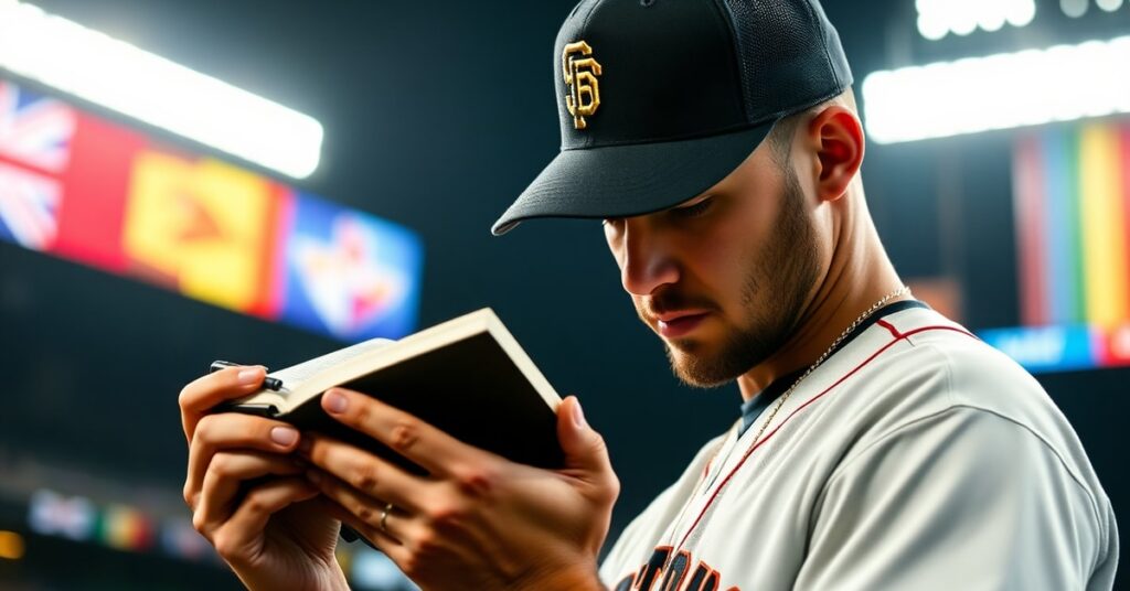 Catholic baseball player quietly inscribing Bible verse on cap during Giants Pride Night event