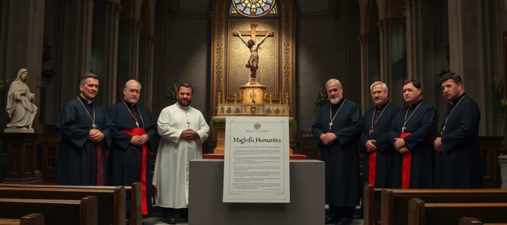 A somber depiction of modernist clergy presenting the heretical encyclical 'Magnifica Humanitas' in a traditional Catholic church.
