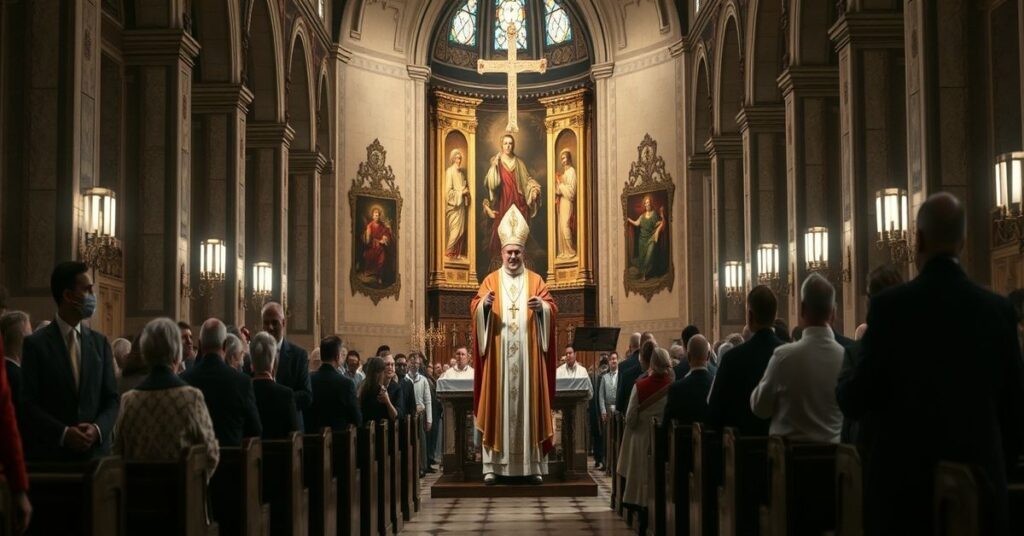Modernist figure as Pope Leo XIV at altar in Ostia parish during apostate visit