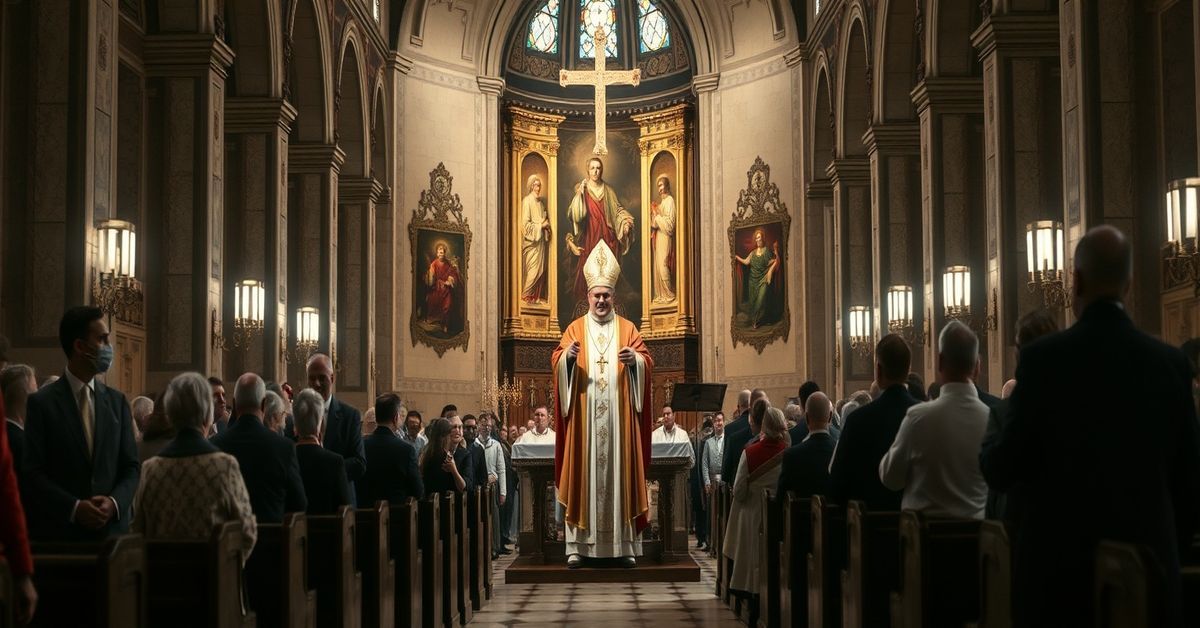 Modernist figure as Pope Leo XIV at altar in Ostia parish during apostate visit