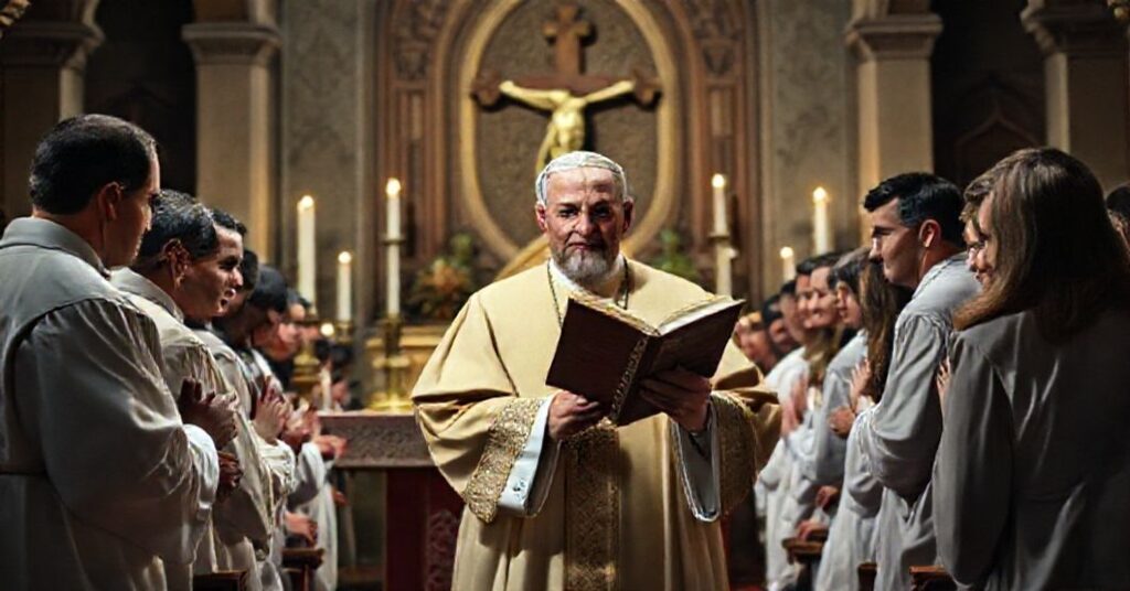 A traditional Catholic liturgical setting with a focus on the usurper Robert Prevost ("Pope Leo XIV") holding his book *The Power of the Gospel: Christian Faith in 10 Words*, surrounded by concerned faithful.