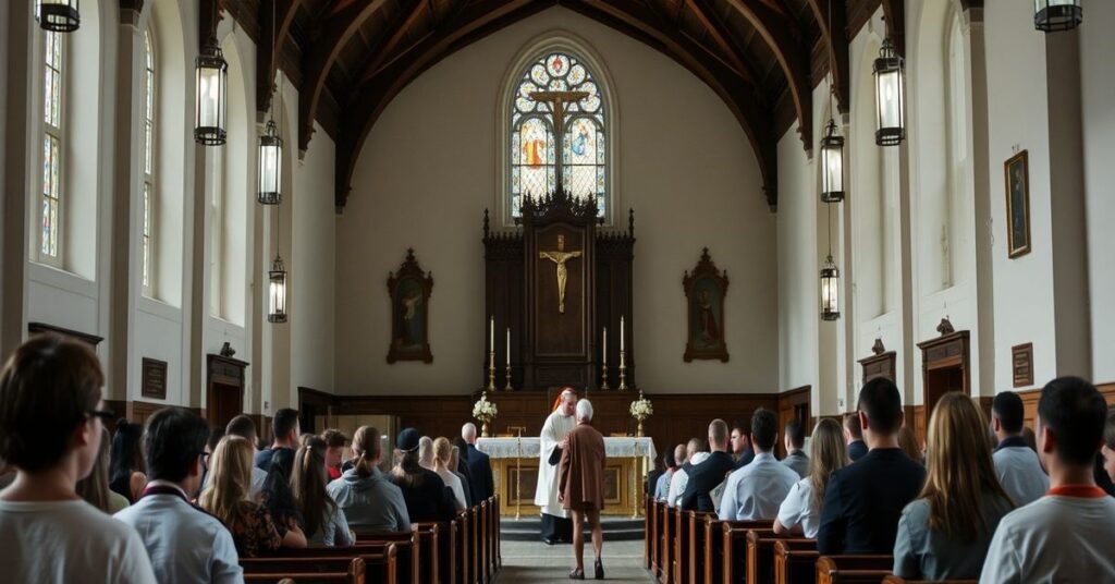 Invalid Novus Ordo baptism in a secularized church with Bishop Erik T. Pohlmeier and student Tzu Ping Liu, symbolizing Modernist theological bankruptcy.