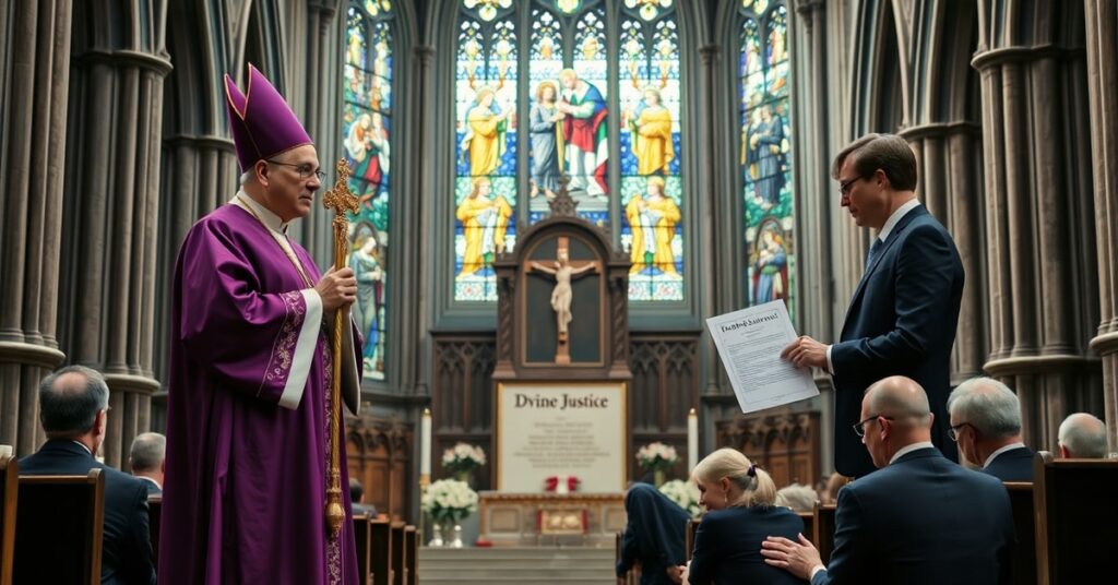 Catholic bishop and modernist lawyer in a cathedral over death penalty commutation controversy