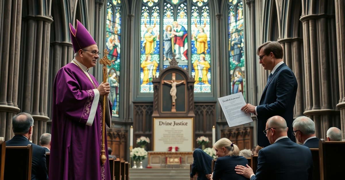 The Modernist Betrayal of Divine Justice: Death Penalty Commutation Debate Catholic bishop and modernist lawyer in a cathedral over death penalty commutation controversy