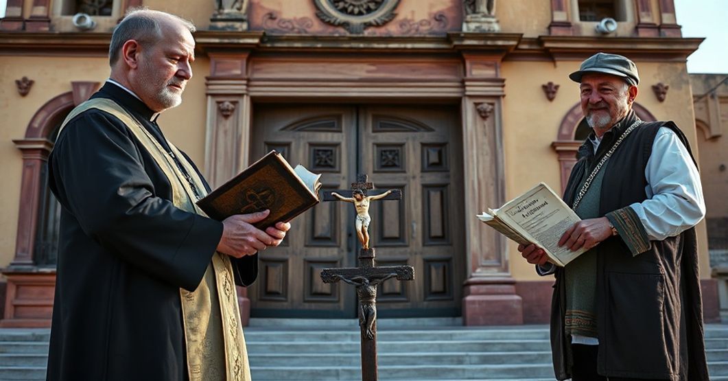 A sedevacantist Catholic priest in traditional cassock stands before a colonial church in Puebla de los Ángeles, contrasting with a modernist 'missionary' promoting syncretism.