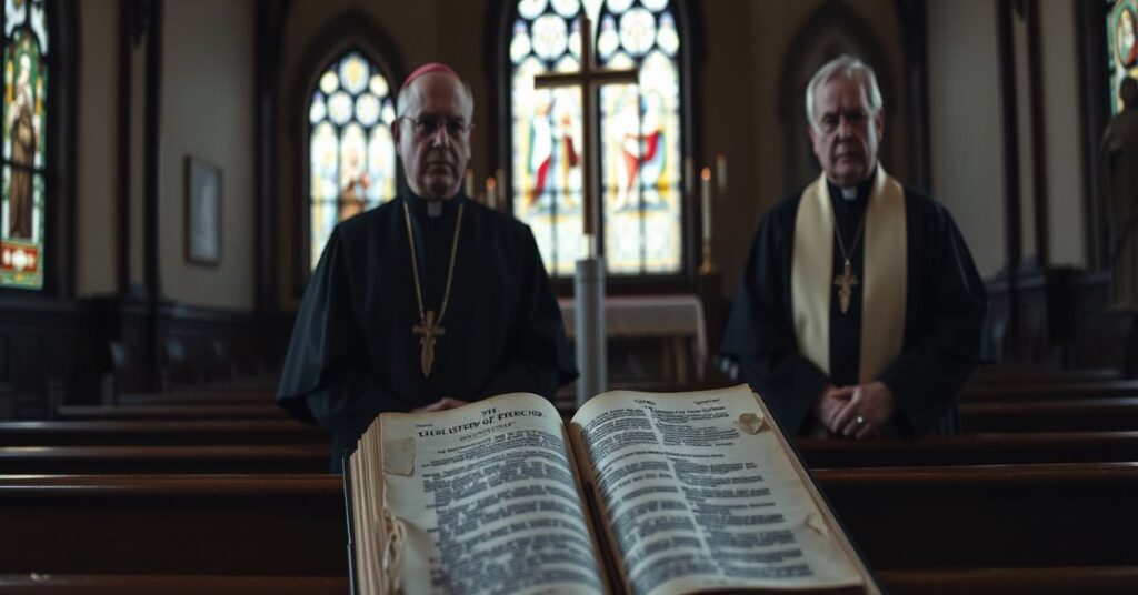 Two modernist bishops in ceremonial vestments standing solemnly in a dimly lit Catholic church with an open copy of the Syllabus of Errors in the foreground.