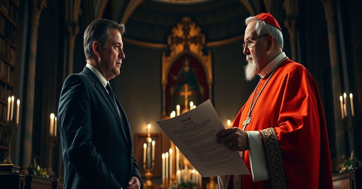 A traditional Catholic scene depicting Vice President JD Vance and Cardinal Timothy Dolan in a tense discussion against the backdrop of a cathedral interior.