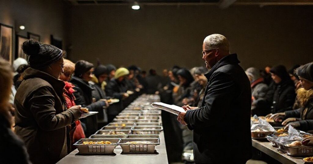 Catholic Charities D.C. CEO James Malloy at a Thanksgiving charity event in 2025, distributing meals and coats without spiritual elements, reflecting modernist naturalism.