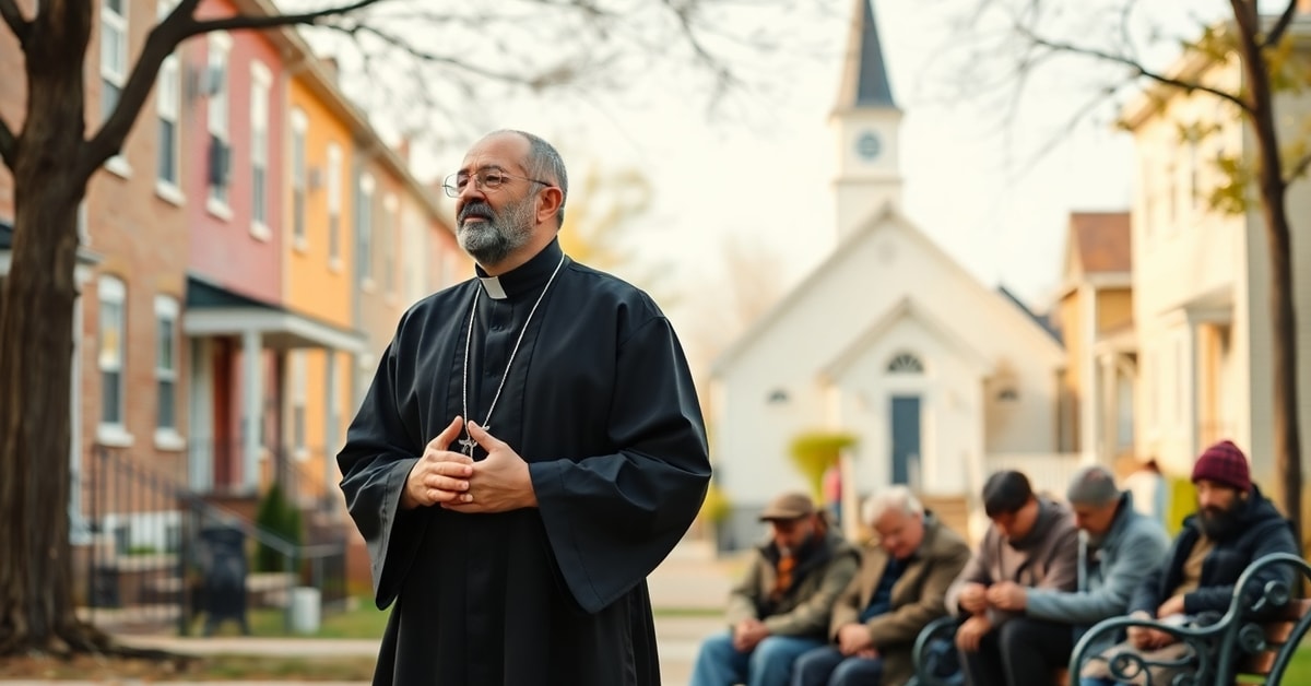 Traditional Catholic priest praying for homeless individuals in an urban setting, symbolizing the failure of modernist charity compared to true Catholic mission