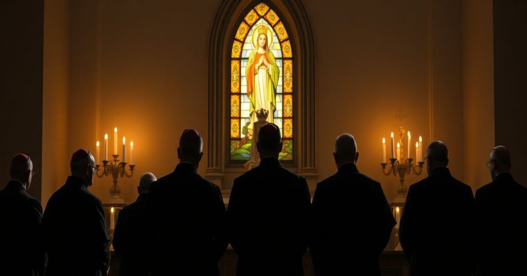 A solemn Catholic chapel with a statue of Christ the King and shadowed clergy members praying in traditional vestments.