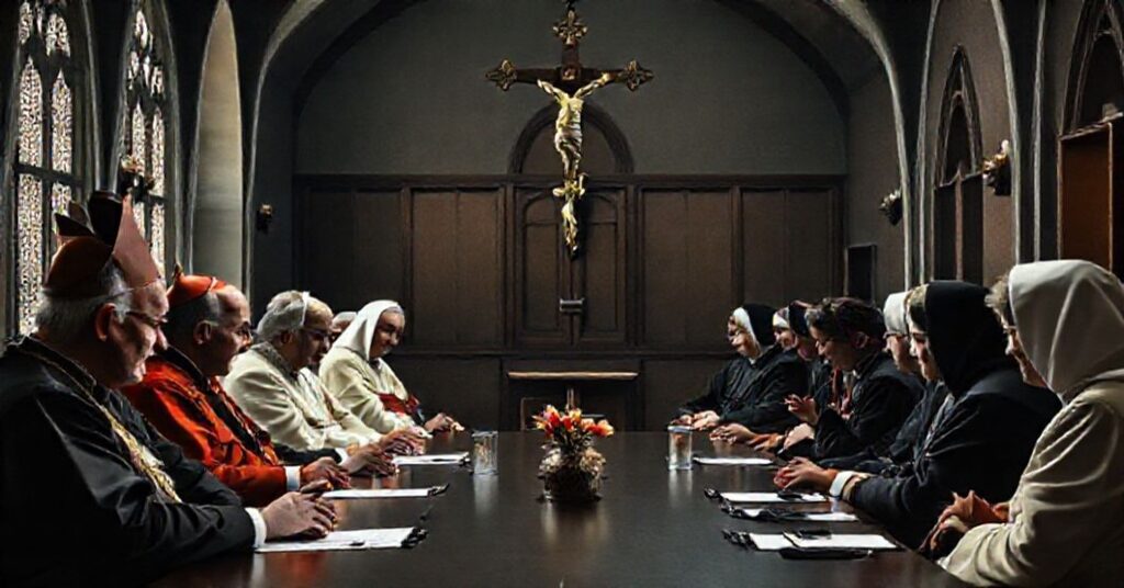 Misguided Modernist clergy in a solemn meeting room discussing abuse without mention of sacramental repentance