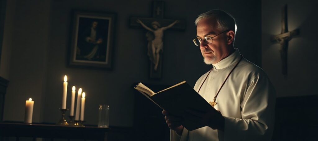 A traditional Catholic priest holding an encyclical in a dimly lit sacristy, symbolizing the crisis of modernist compromise in the Church.