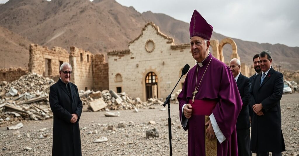 A modernist 'cardinal' addressing diplomats at a war-torn holy site, symbolizing the naturalistic void of Easter peace appeals without Christ.