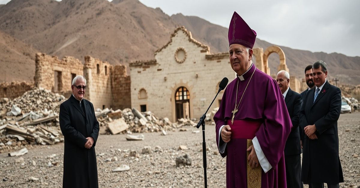 A modernist 'cardinal' addressing diplomats at a war-torn holy site, symbolizing the naturalistic void of Easter peace appeals without Christ.