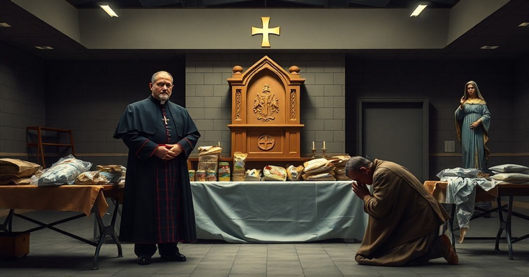 Modernist Distortion of Charity - Spiritual Bankruptcy Exposed A somber scene of a modernist 'Catholic Charities' food distribution center with an empty tabernacle in the background, symbolizing the spiritual neglect of true Catholic charity.