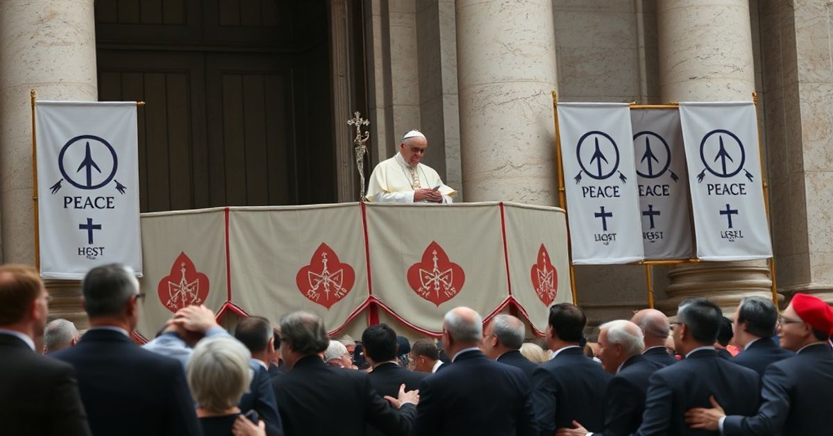A modern Vatican Easter scene in 2026 featuring a usurper delivering a peace appeal from a balcony adorned with neutral symbols.