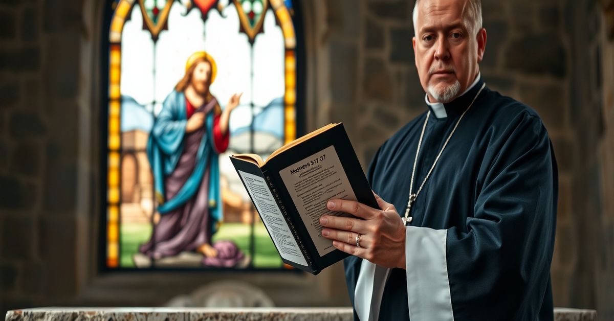 Catholic priest in traditional cassock standing before an altar with Bible, stained-glass window of Christ teaching the Sermon on the Mount.