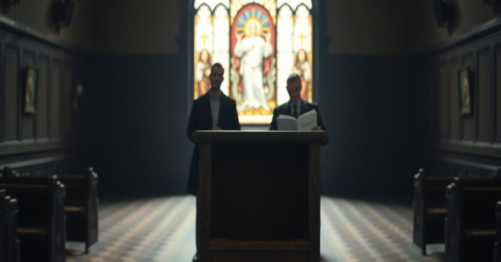 Empty confessional booth in a traditional Catholic church with Dion DiMucci and Mike Aquilina holding a secular songbook in the background.