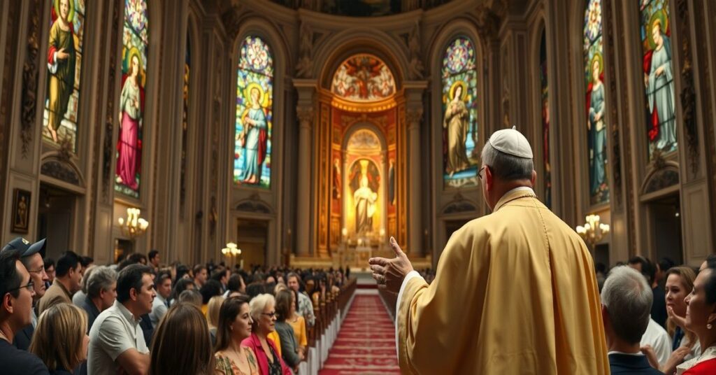 Modernist "Pope Leo XIV" delivering a controversial homily in Monaco's Cathedral of the Immaculate Conception, promoting human rights over traditional Catholic doctrine.