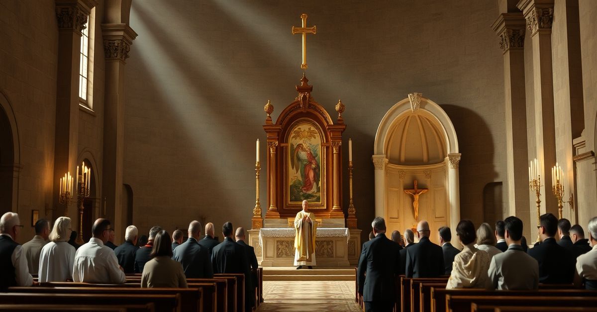 A solemn Catholic Mass with a traditional priest in cassock before a desecrated modernist "tabernacle" depicted as an empty tomb.